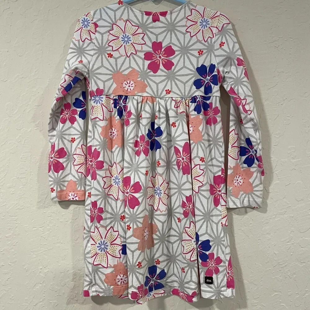 ~ Tea Dress, 5 Girls, Floral, Long Sleeve, Wrap, Pink Gray Purple Cotton Stretch